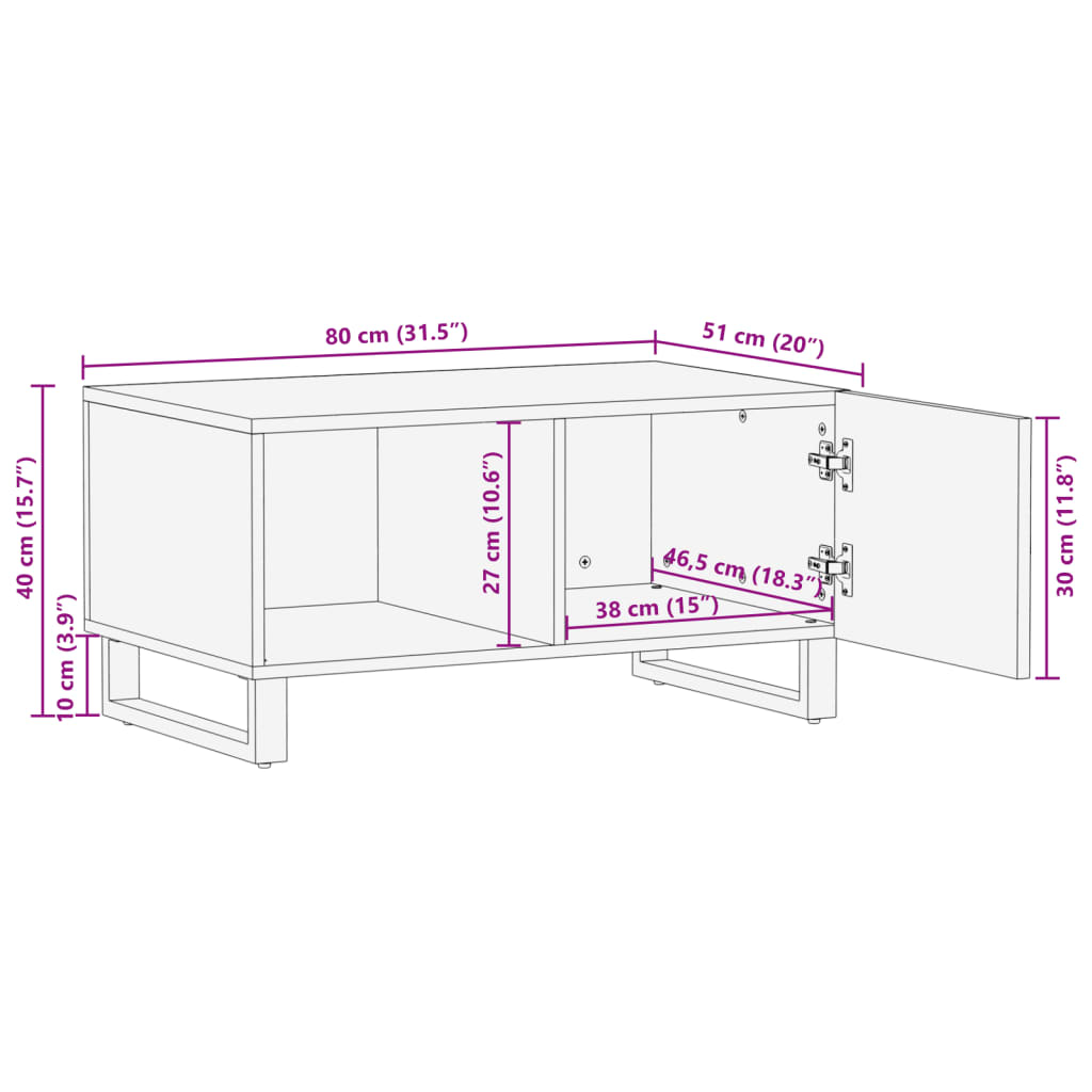 vidaXL Mesa de centro de madera maciza de mango rugosa 80x51x40 cm