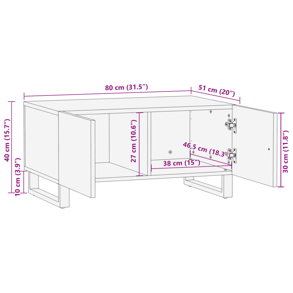 vidaXL Mesa de centro de madera maciza de mango rugosa 80x51x40 cm