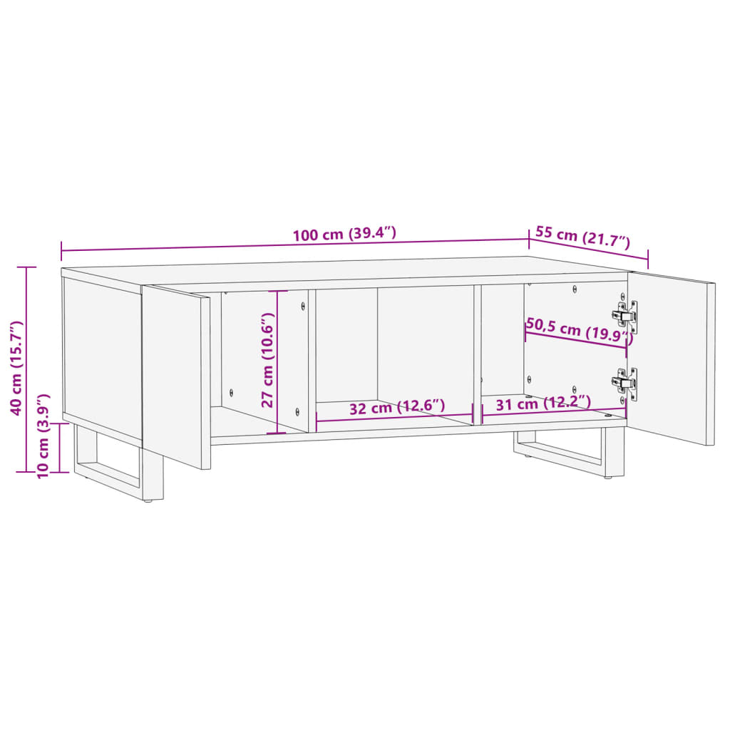 vidaXL Mesa de centro de madera maciza de mango rugosa 100x55x40 cm