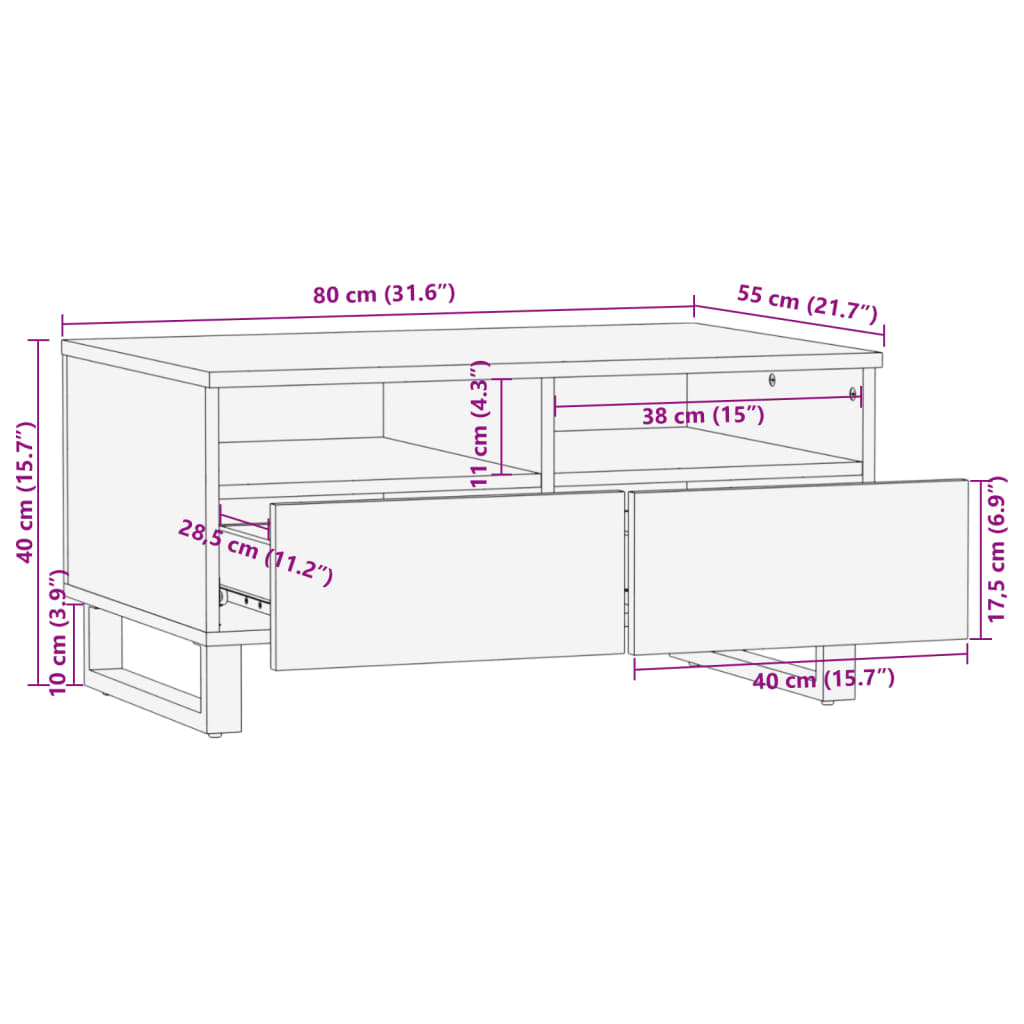 vidaXL Mesa de centro de madera maciza de mango rugosa 80x55x40 cm