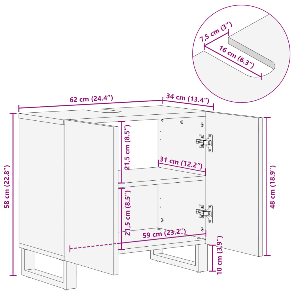 vidaXL Armario de lavabo para baño madera maciza de mango 62x34x58 cm