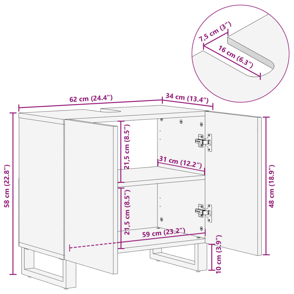 vidaXL Armario de lavabo para baño madera maciza de acacia 62x34x58 cm