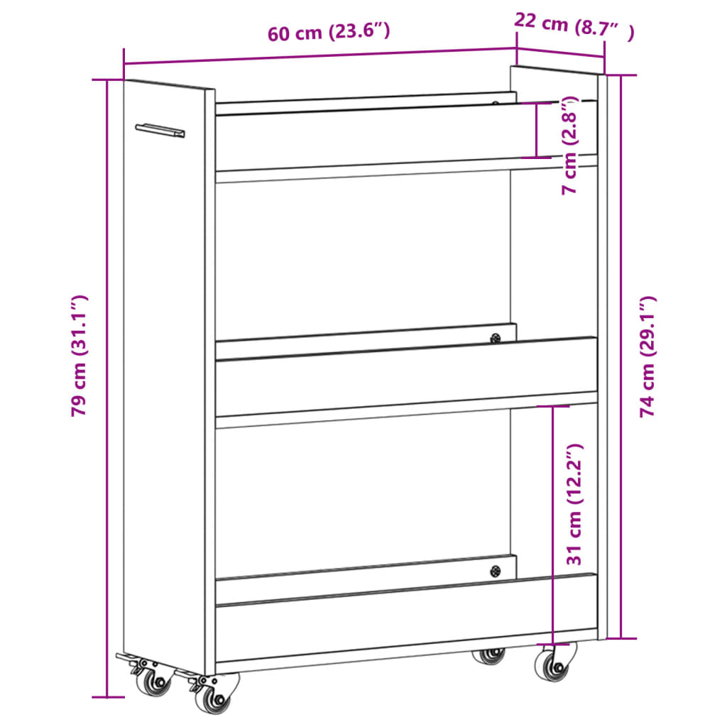 vidaXL Armario con ruedas madera ingeniería gris hormigón 60x22x79 cm