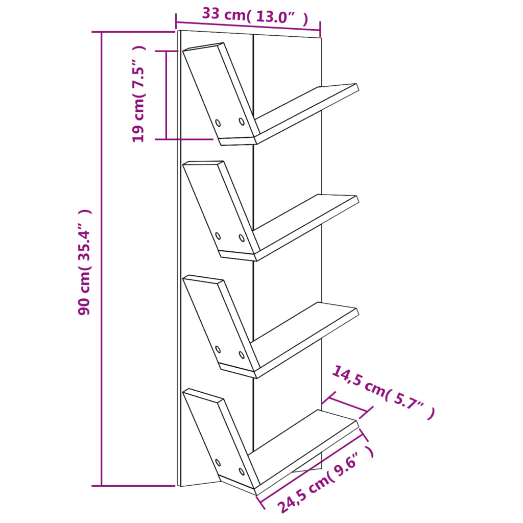 vidaXL Estantería de pared 4 niveles gris hormigón 33x16x90 cm