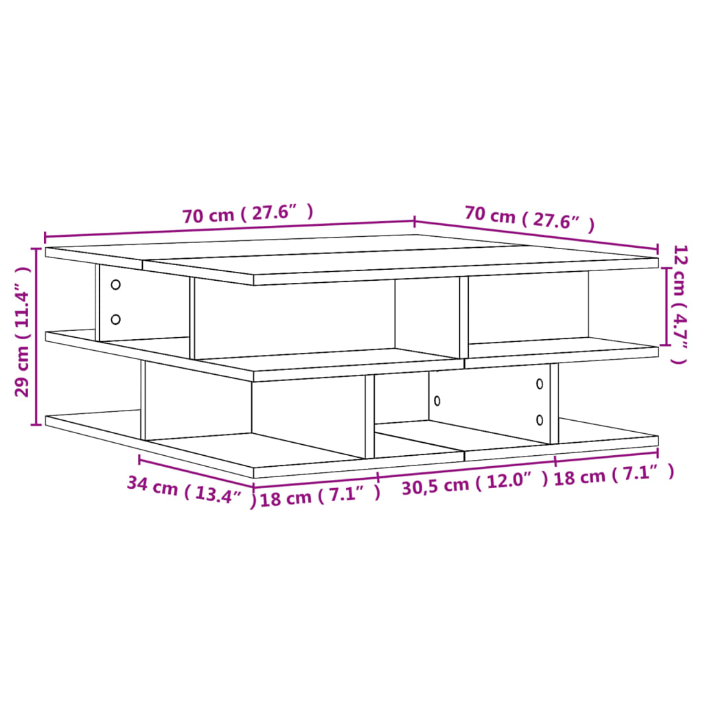 vidaXL Mesa de centro madera de ingeniería gris Sonoma 70x70x29 cm