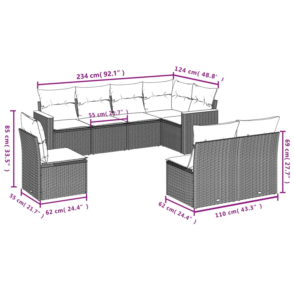 vidaXL Set de sofás de jardín 8 pzas y cojines ratán sintético gris