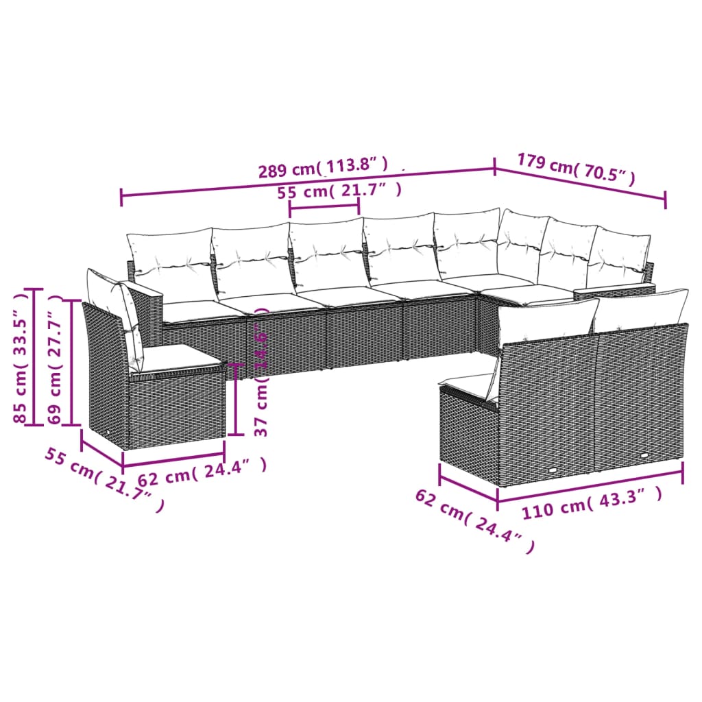 vidaXL Set de sofás de jardín 10 pzas cojines ratán sintético negro