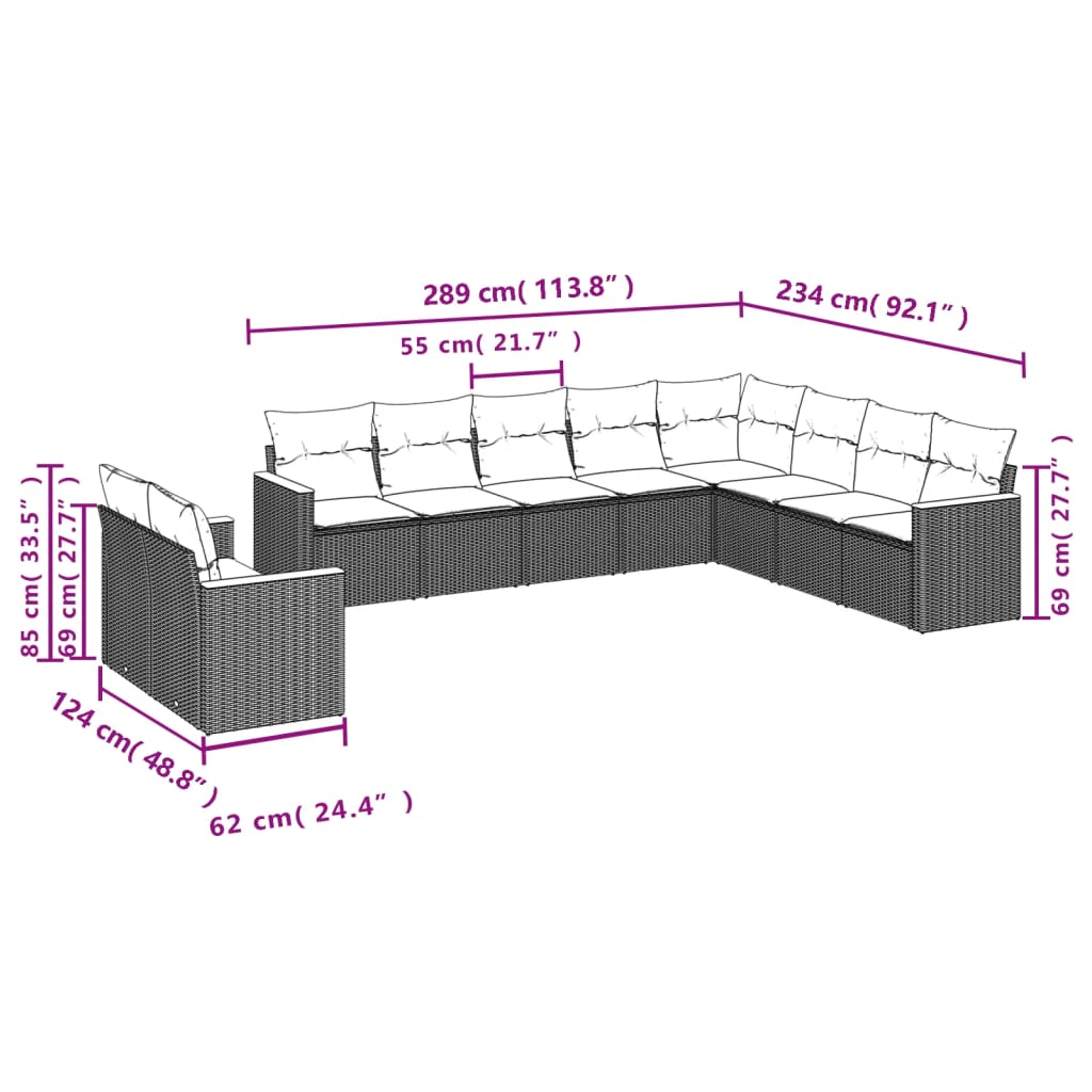 vidaXL Set de sofás de jardín 10 pzas cojines ratán sintético negro