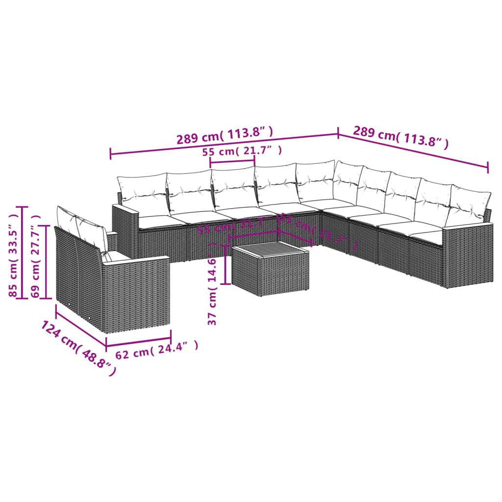 vidaXL Set de sofás de jardín 12 piezas cojines ratán sintético negro