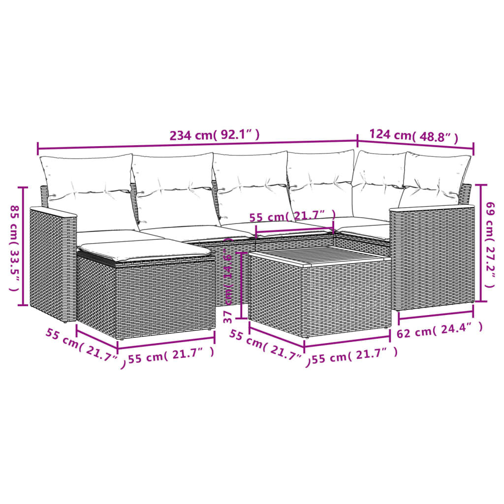 vidaXL Set de sofás de jardín 7 piezas con cojines ratán PE gris