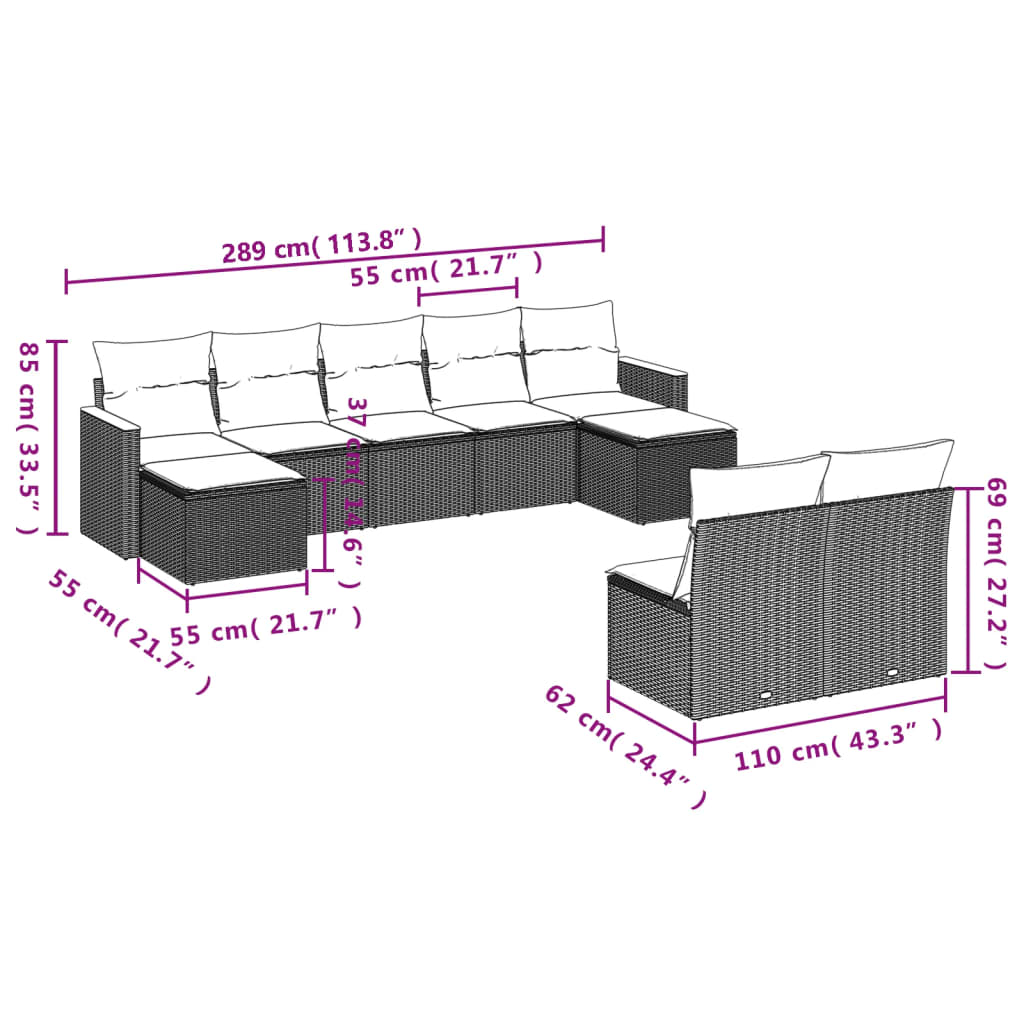 vidaXL Set de sofás de jardín 8 piezas y cojines ratán sintético negro