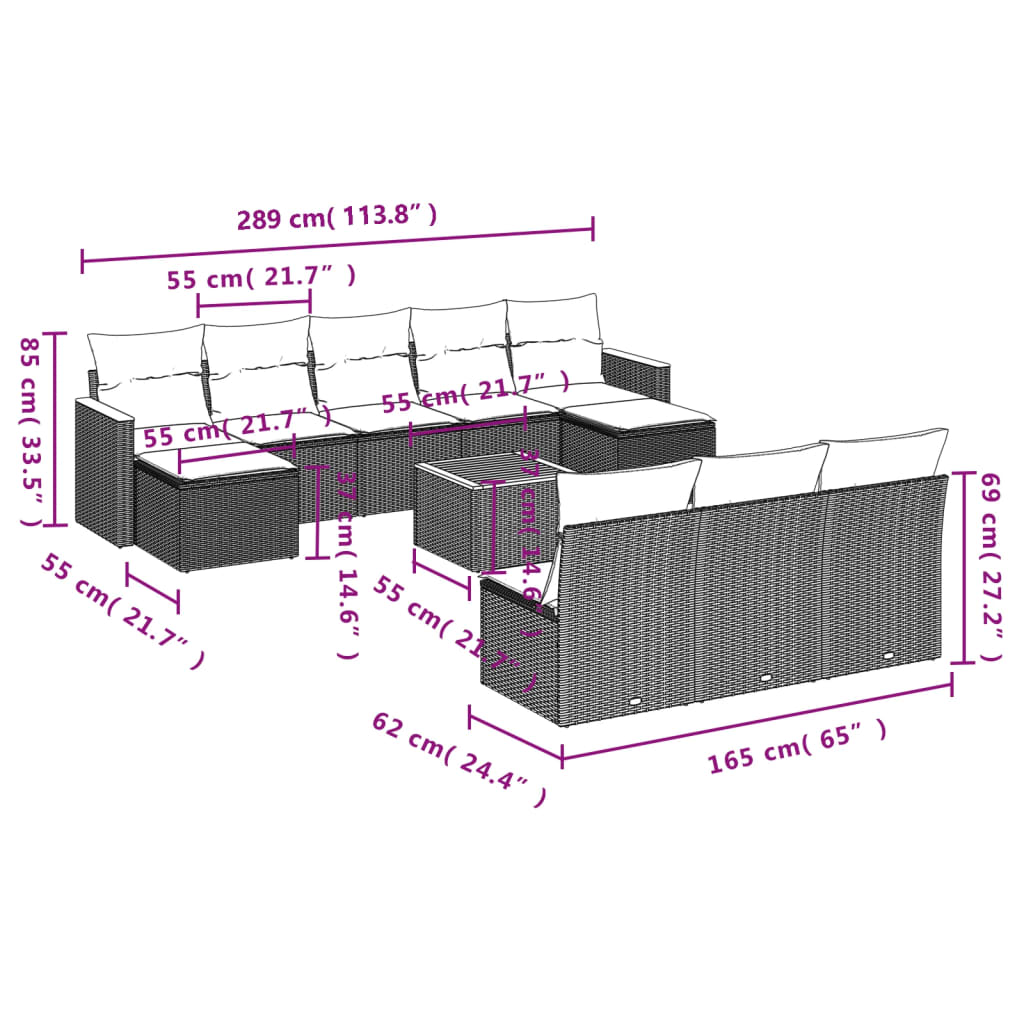 vidaXL Set de sofás de jardín 11pzas con cojines ratán sintético beige