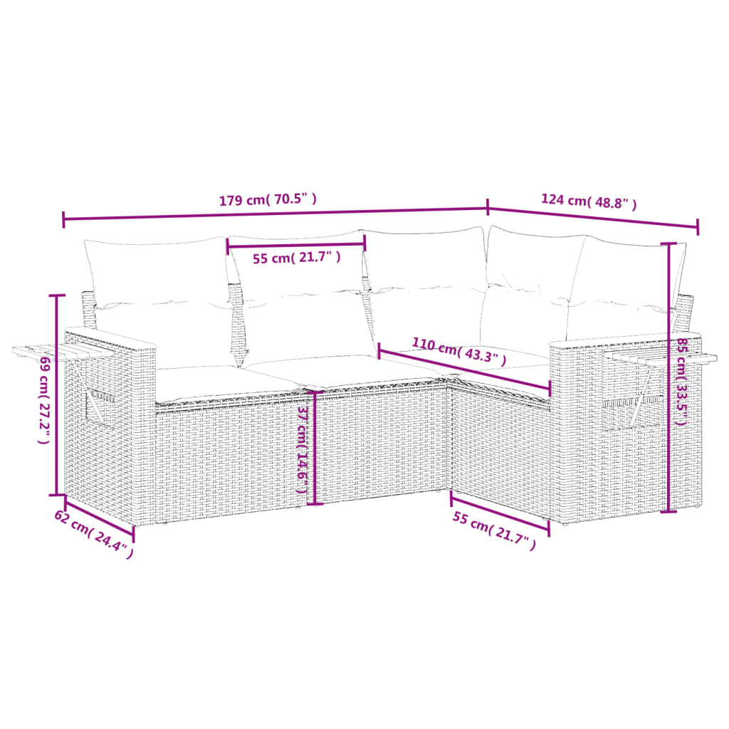 vidaXL Set de sofás de jardín 4 pzas y cojines ratán sintético gris