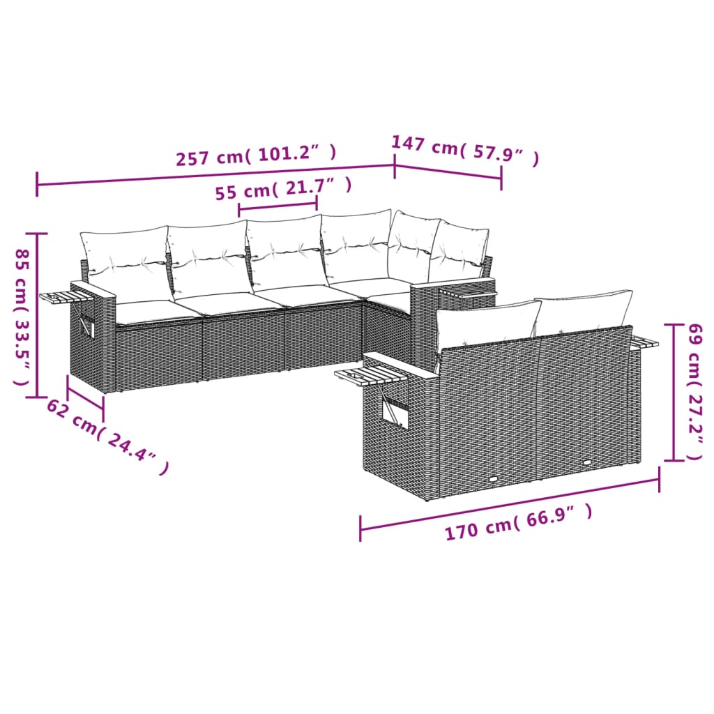 vidaXL Set de sofás de jardín 7 piezas con cojines ratán PE gris