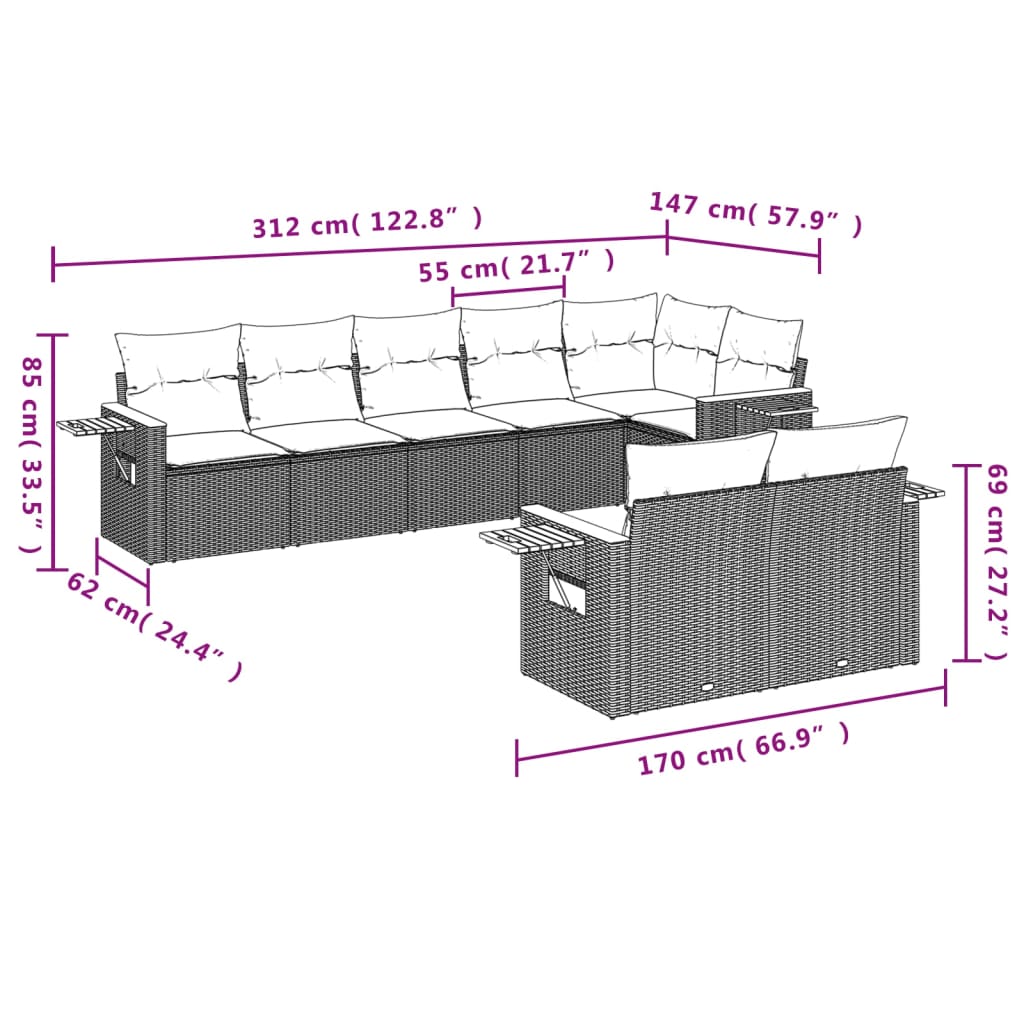 vidaXL Set de sofás de jardín 8 pzas y cojines ratán sintético gris