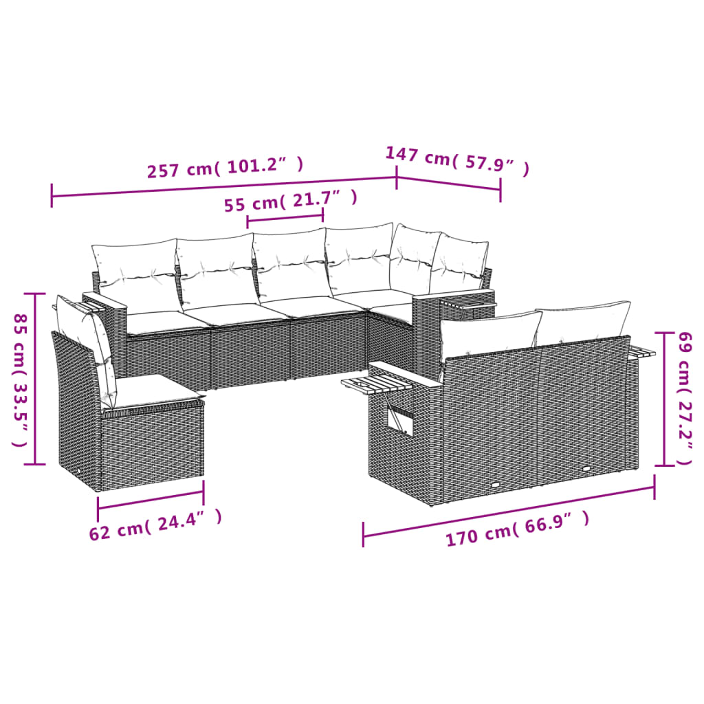 vidaXL Set de sofás de jardín 8 pzas y cojines ratán sintético gris