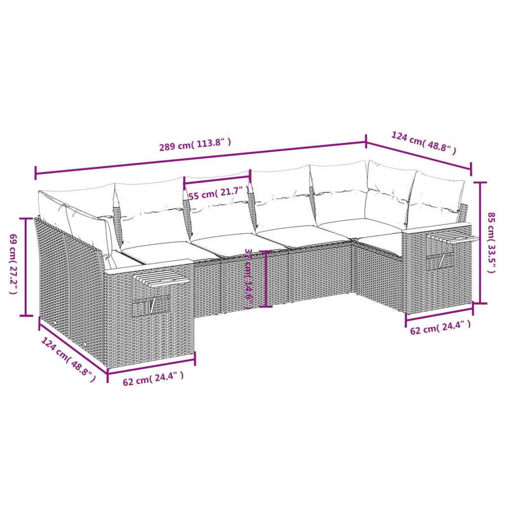 vidaXL Set de sofás de jardín 7 piezas con cojines ratán PE gris