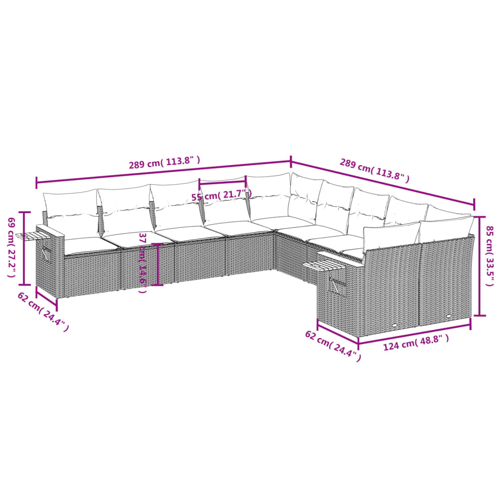 vidaXL Set de sofás de jardín 10 pzas cojines ratán sintético negro