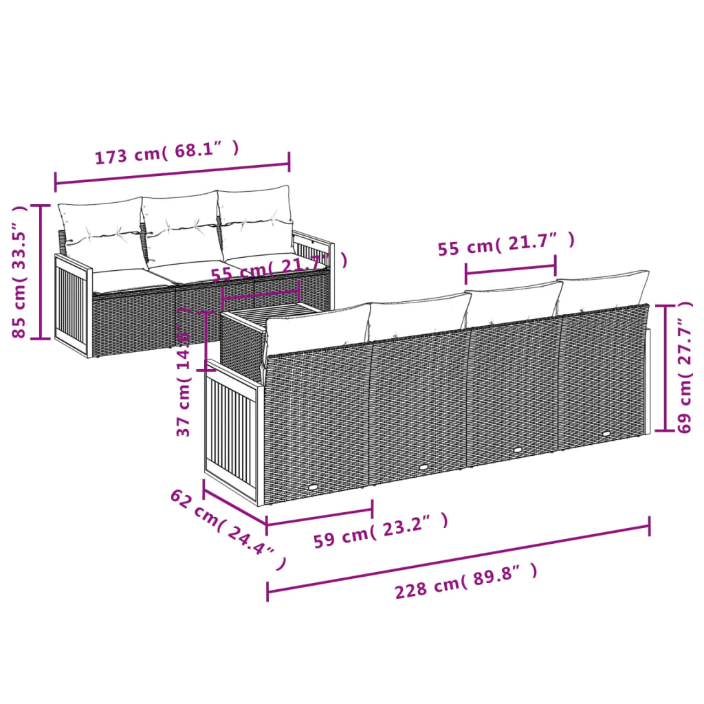 vidaXL Set de sofás de jardín 8 pzas y cojines ratán sintético gris