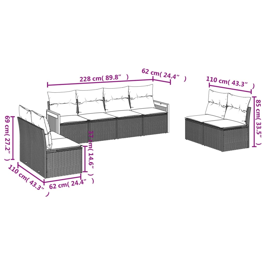 vidaXL Set de sofás de jardín 8 pzas y cojines ratán sintético gris