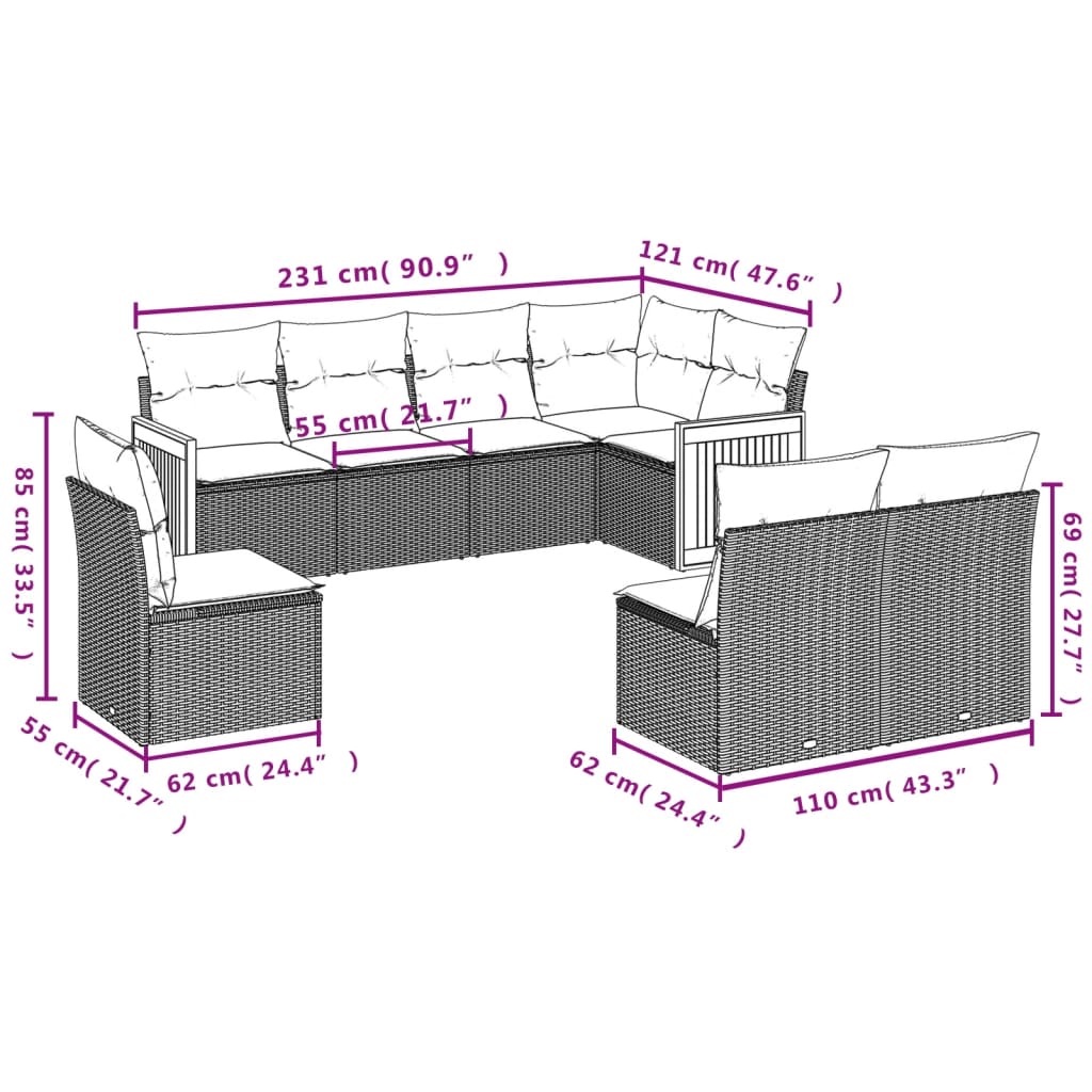 vidaXL Set de sofás de jardín 8 pzas y cojines ratán sintético gris