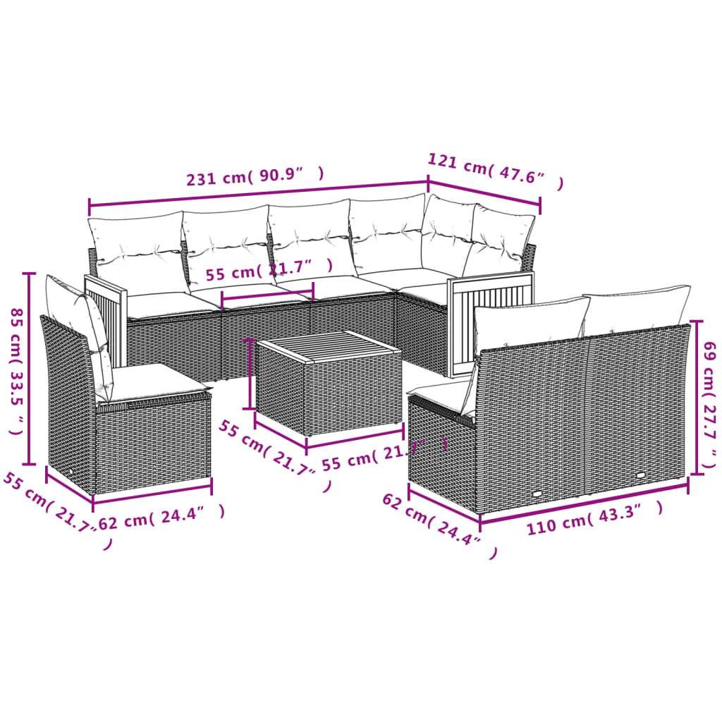 vidaXL Set de sofás de jardín 8 piezas y cojines ratán sintético negro