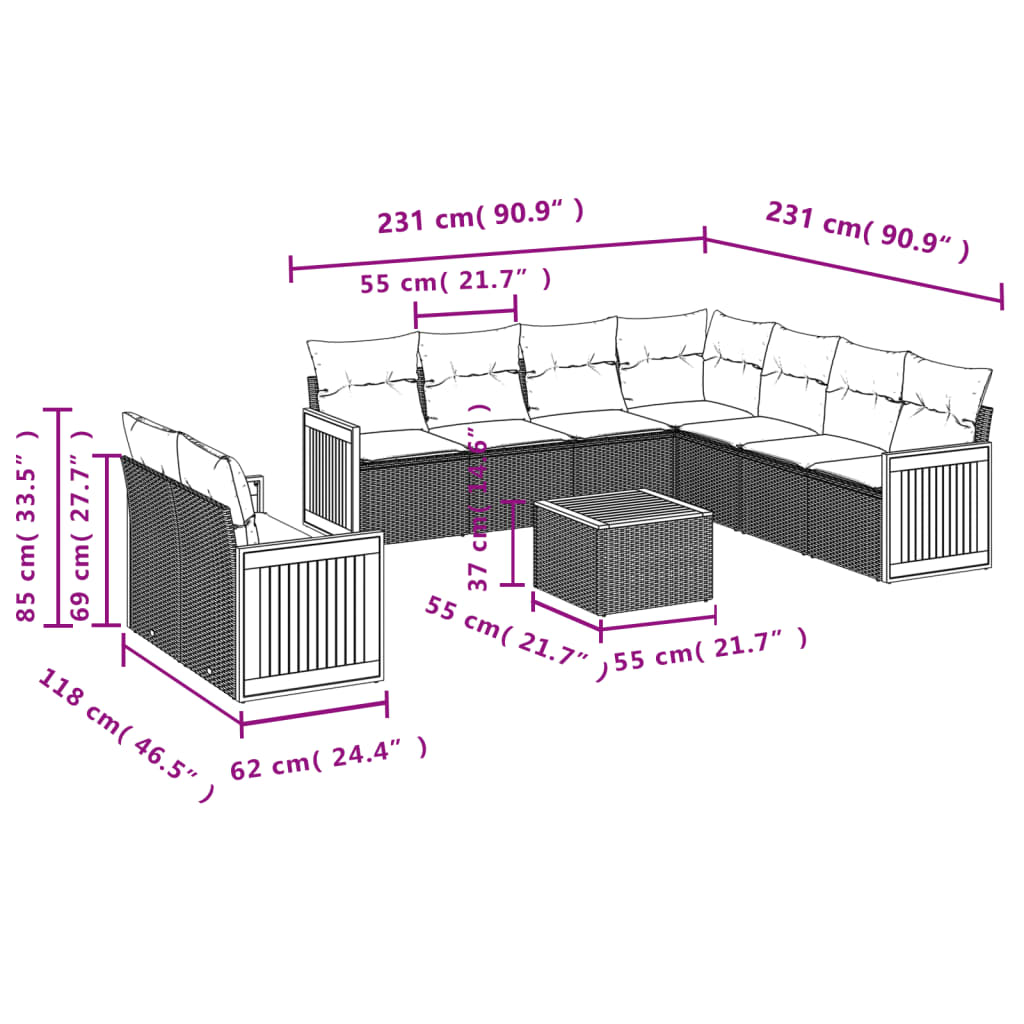 vidaXL Set de sofás de jardín 10 pzas cojines ratán sintético negro