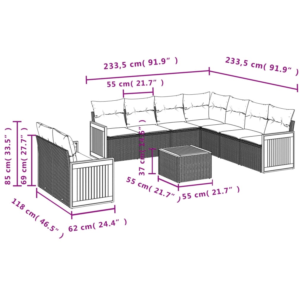 vidaXL Set de sofás de jardín 10 pzas cojines ratán sintético negro