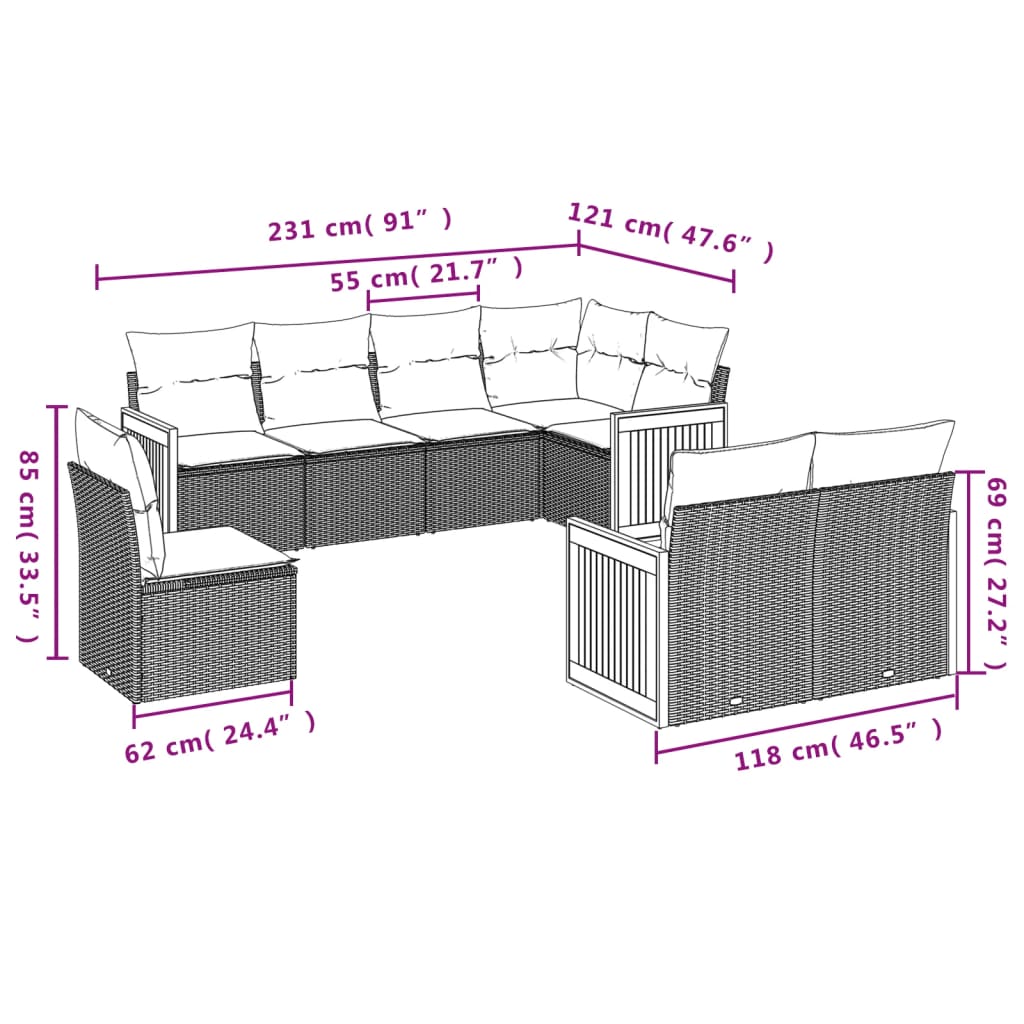 vidaXL Set de sofás de jardín 8 pzas y cojines ratán sintético gris