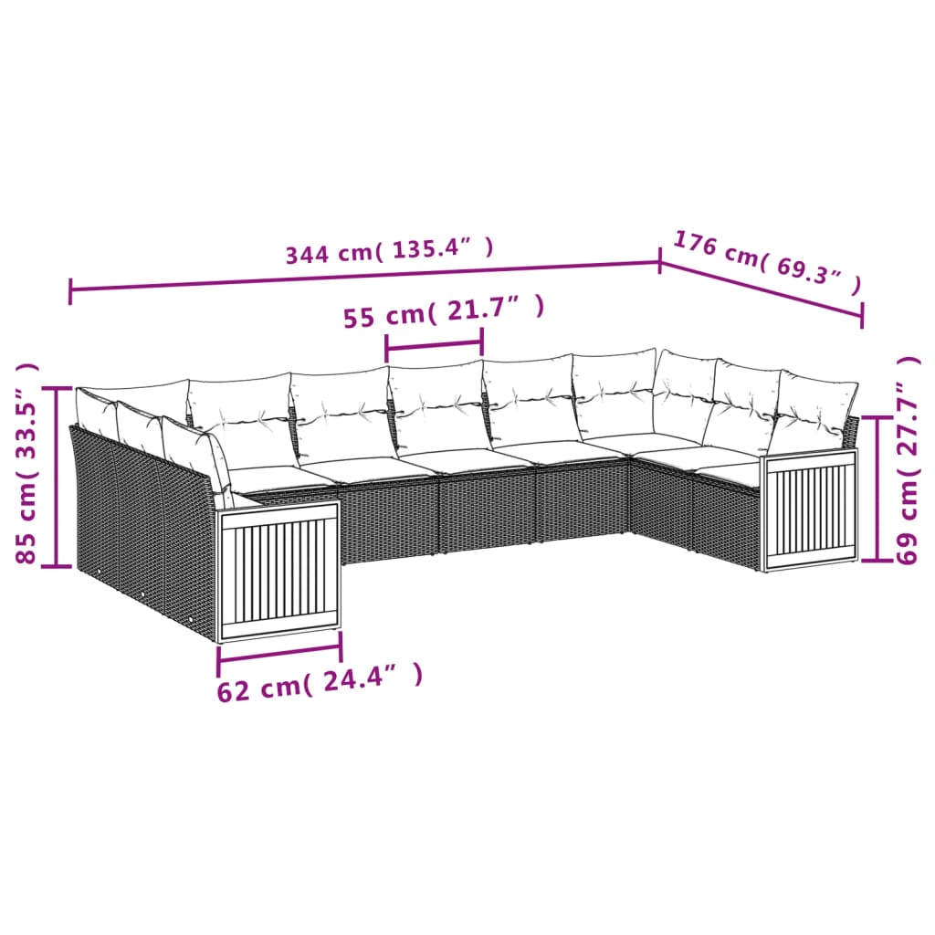 vidaXL Set de sofás de jardín 10 pzas cojines ratán sintético negro