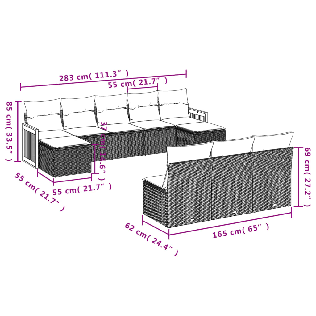 vidaXL Set de sofás de jardín 10 pzas cojines ratán sintético negro