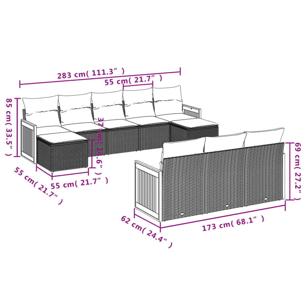 vidaXL Set de sofás de jardín 10 pzas cojines ratán sintético negro