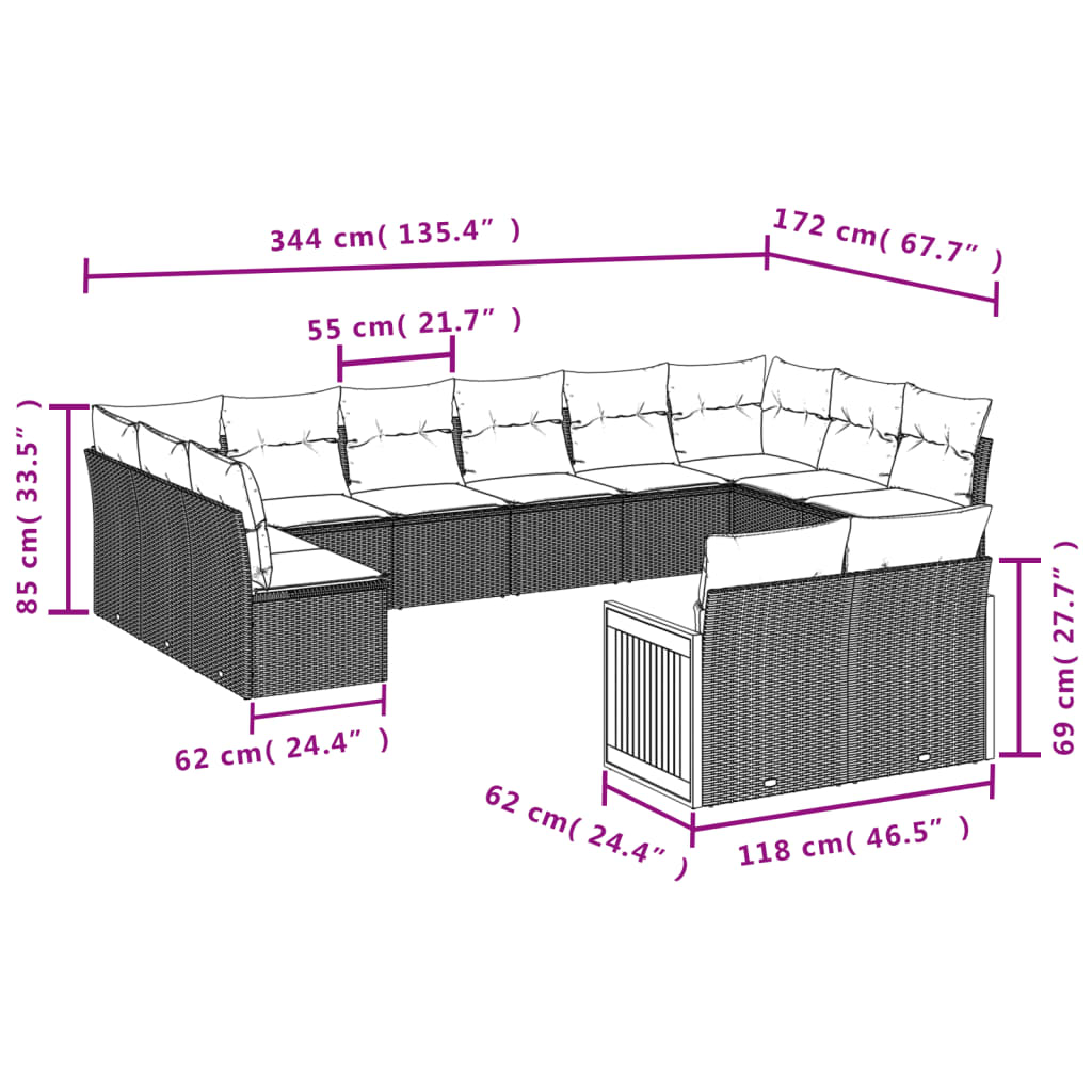 vidaXL Set de sofás de jardín y cojines 12 pzas ratán sintético negro