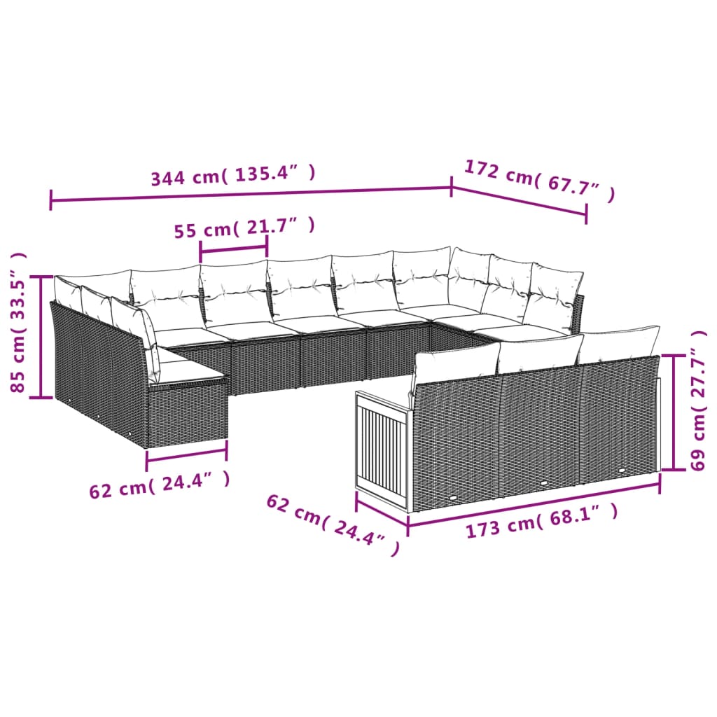 vidaXL Set de sofás de jardín y cojines 13 pzas ratán sintético beige