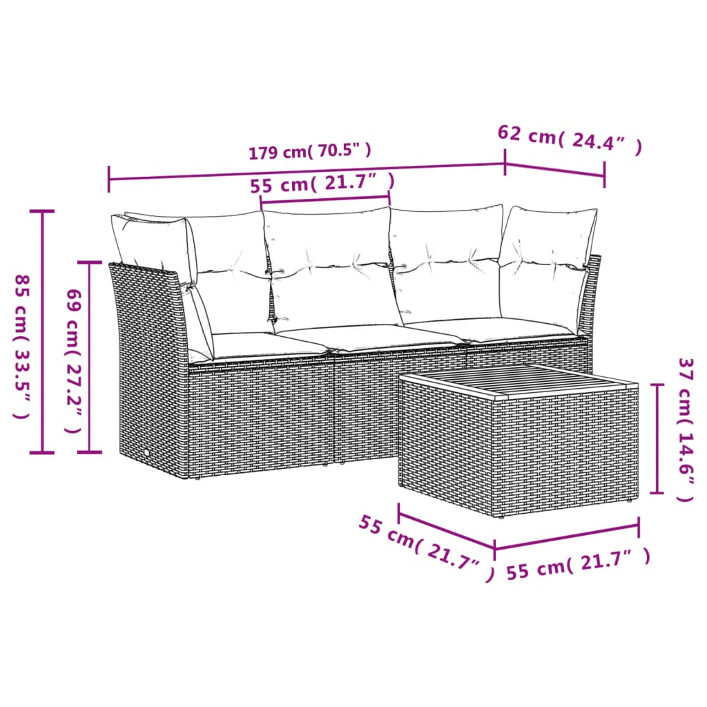 vidaXL Set de sofás de jardín 4 pzas y cojines ratán sintético gris