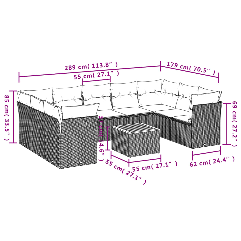 vidaXL Set de sofás de jardín 10 pzas cojines ratán sintético negro