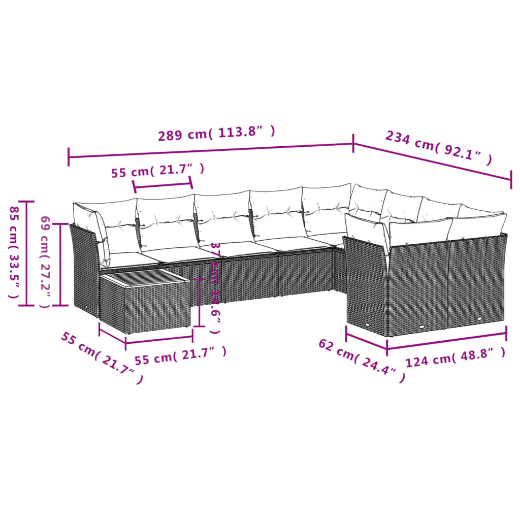 vidaXL Set de sofás de jardín 10 pzas cojines ratán sintético negro