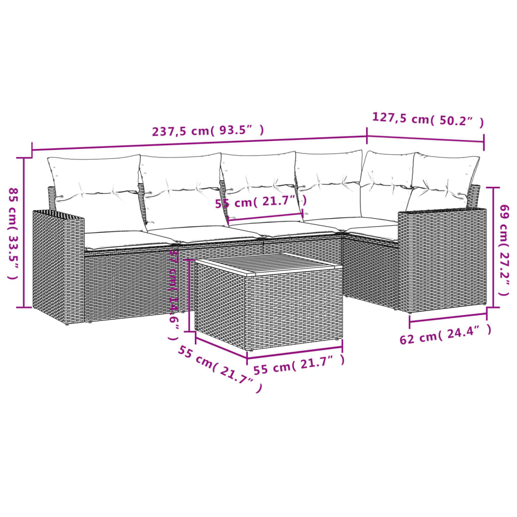 vidaXL Set de sofás de jardín 6 piezas y cojines ratán sintético negro