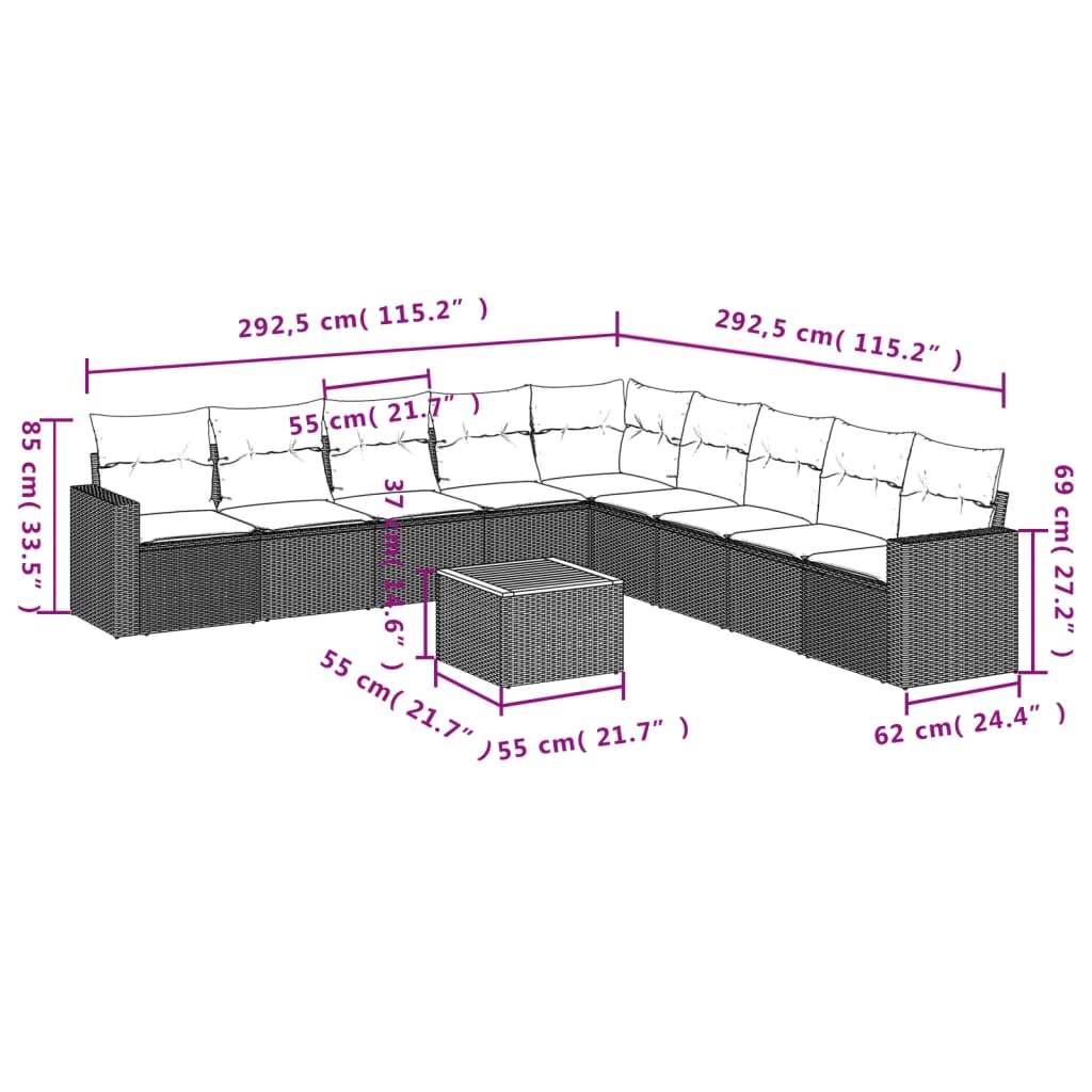 vidaXL Set de sofás de jardín 10 pzas cojines ratán sintético negro