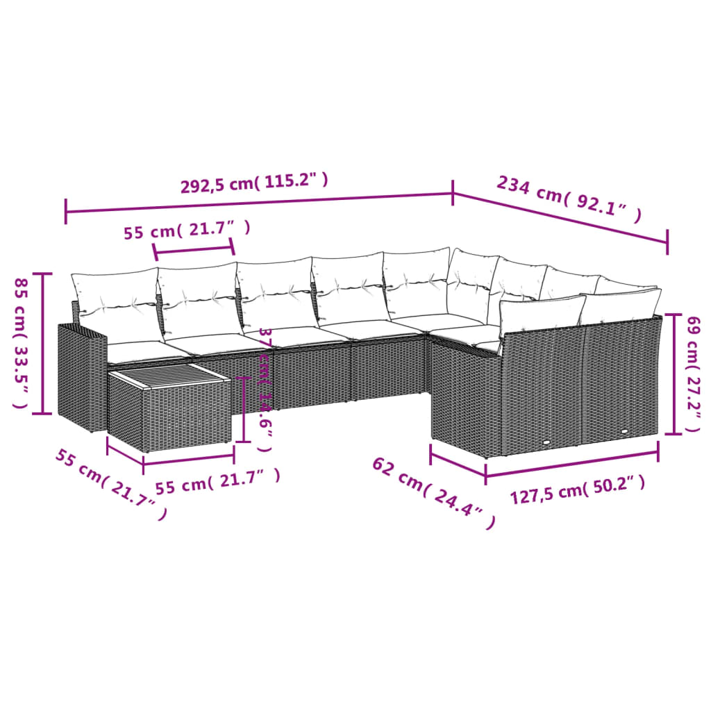 vidaXL Set de sofás de jardín 10 pzas cojines ratán sintético negro