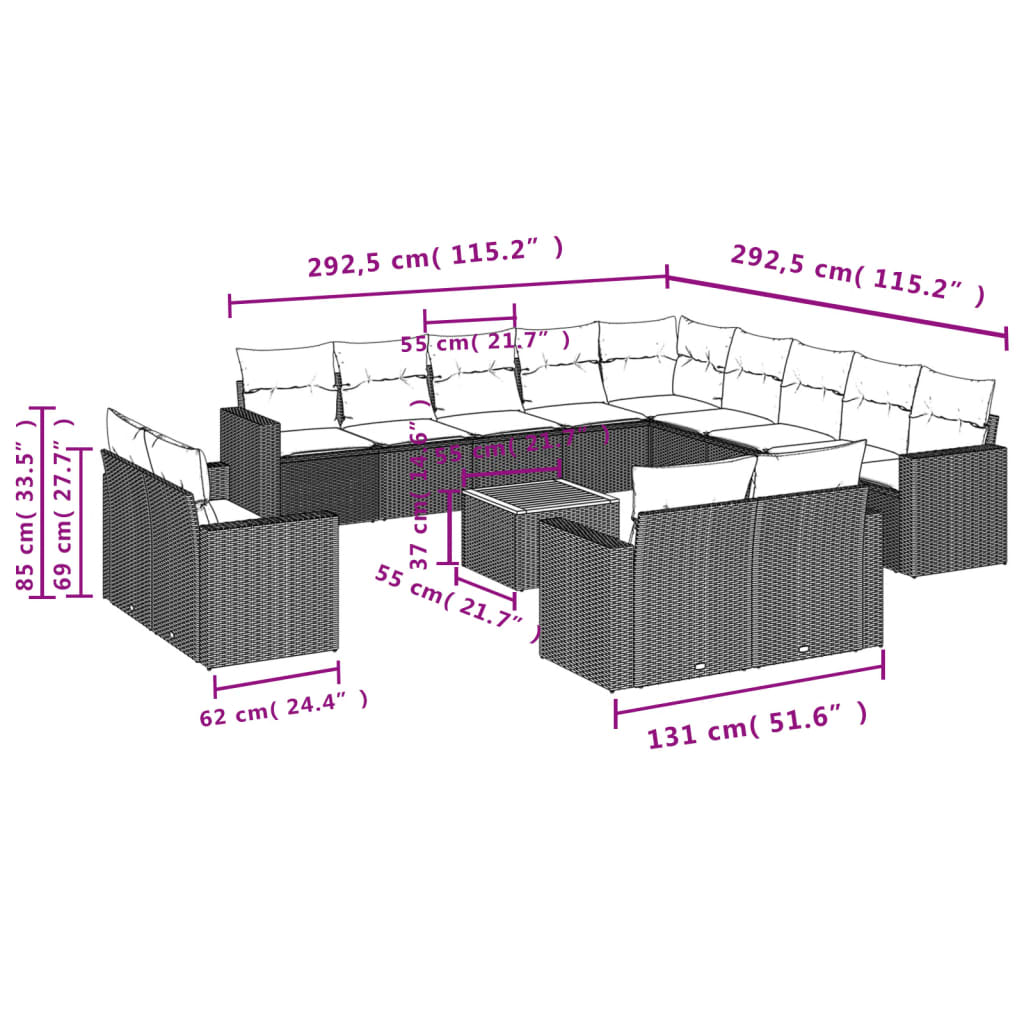 vidaXL Set sofás de jardín 14 pzas con cojines ratán sintético beige