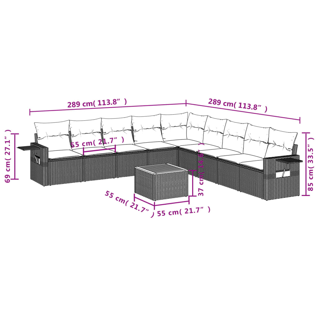 vidaXL Set de sofás de jardín 10 pzas cojines ratán sintético negro