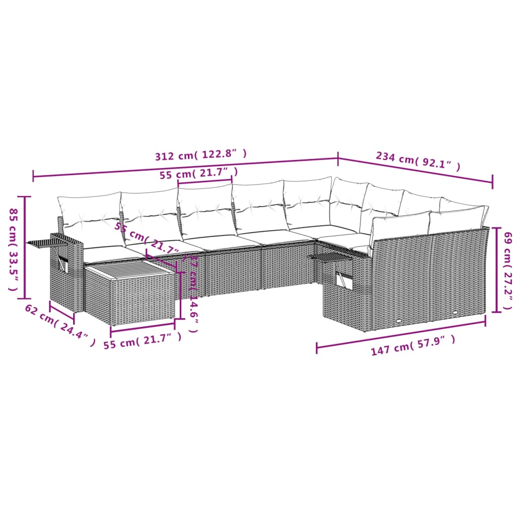 vidaXL Set de sofás de jardín 10 pzas cojines ratán sintético negro