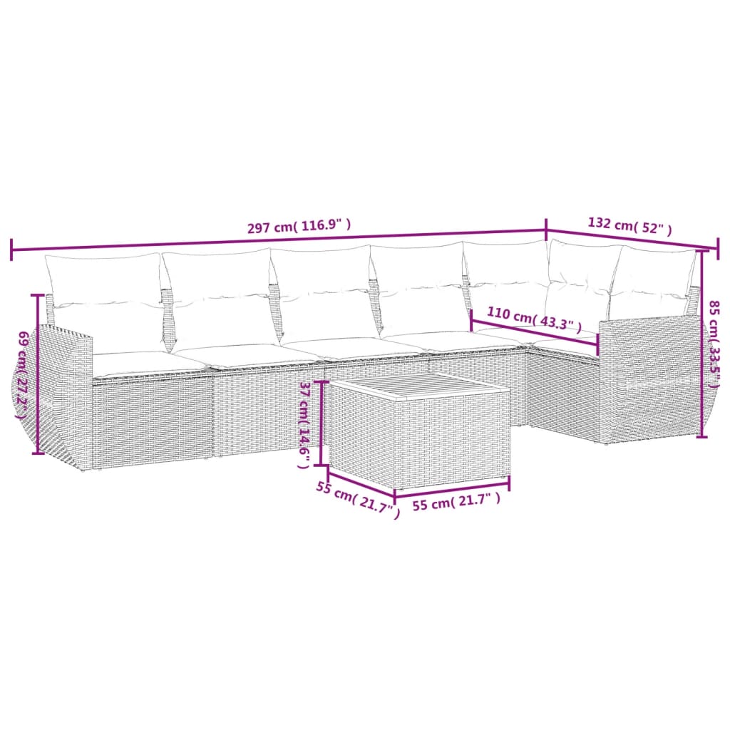 vidaXL Set de sofás de jardín 7 piezas con cojines ratán PE gris