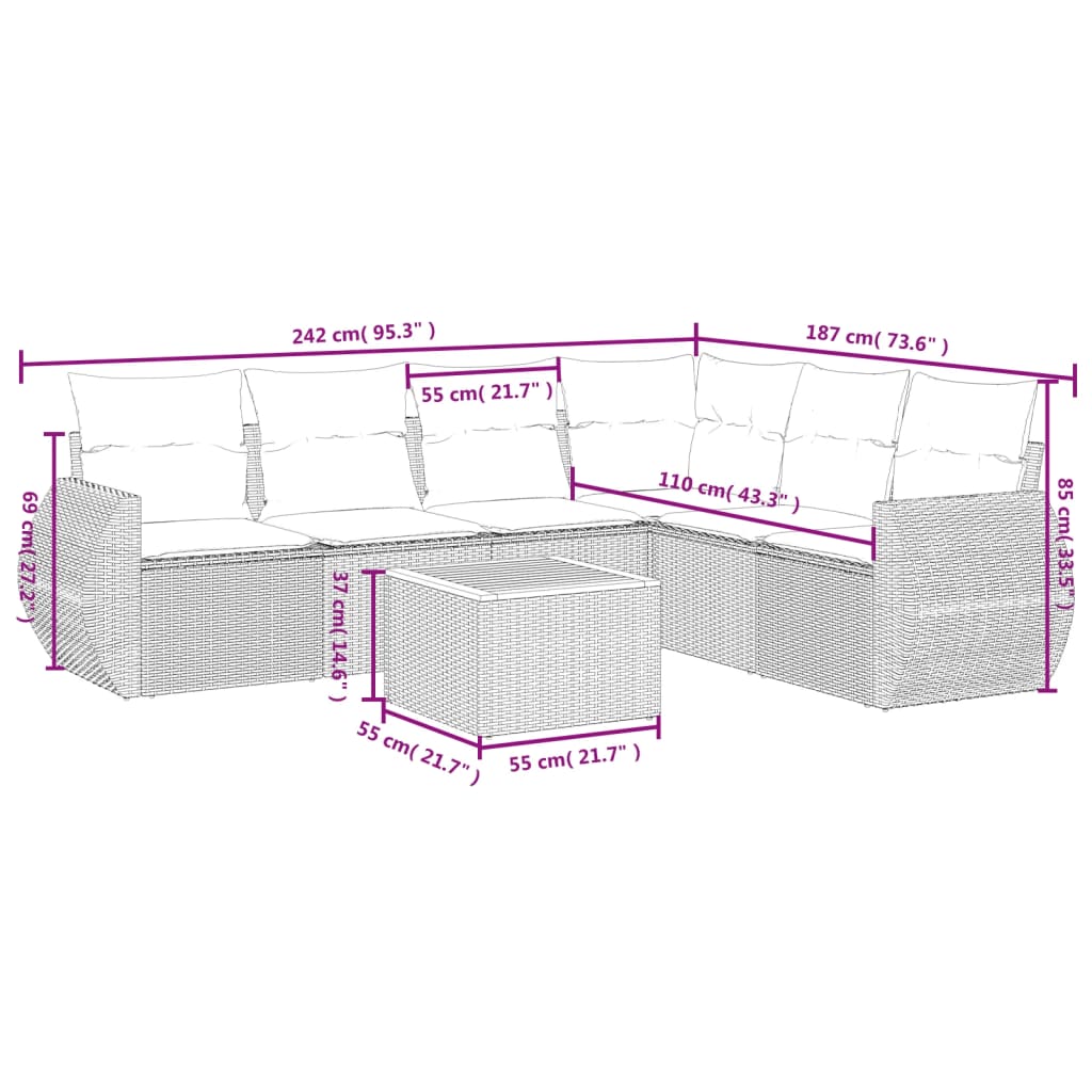 vidaXL Set de sofás de jardín 7 piezas con cojines ratán PE gris