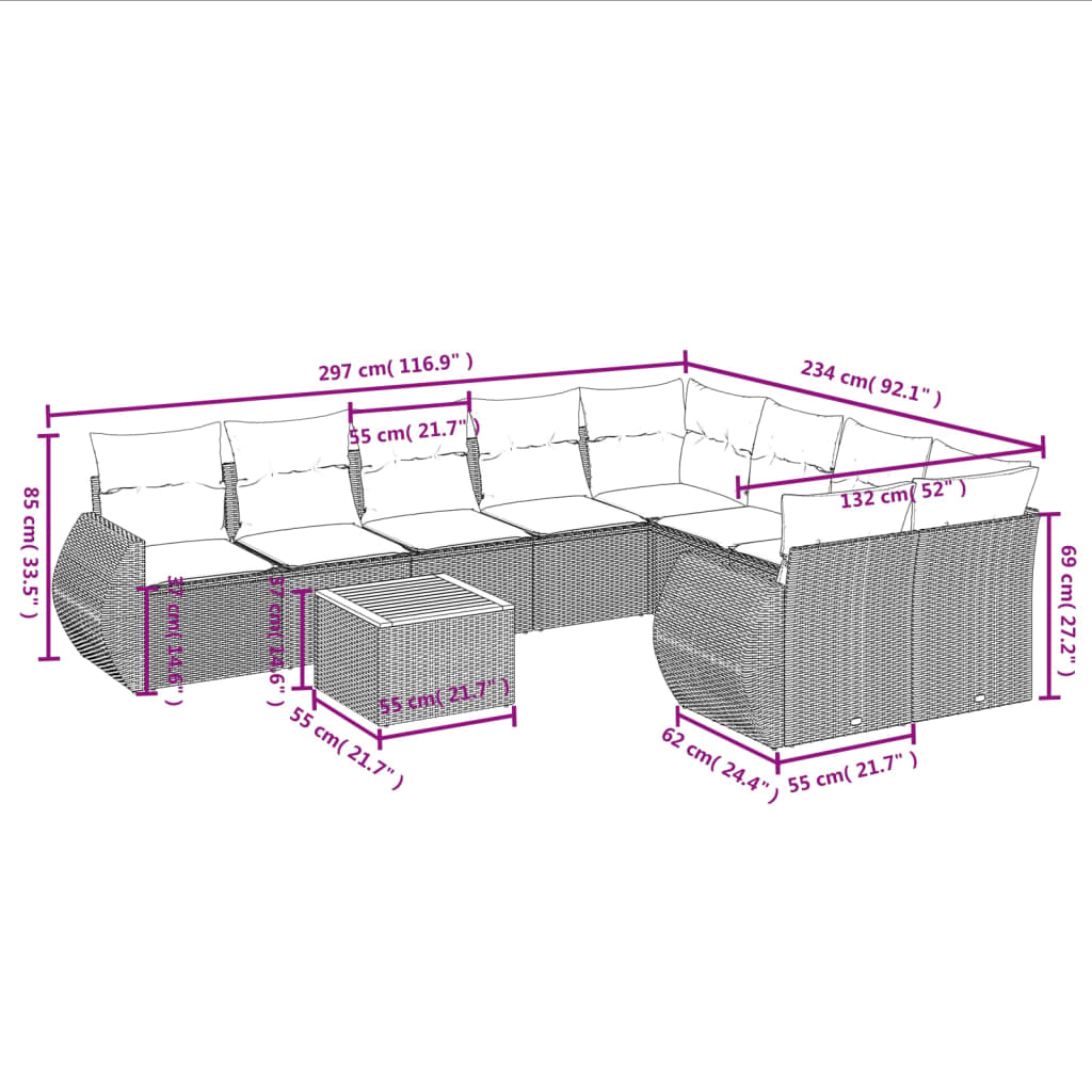 vidaXL Set de sofás de jardín 10 pzas cojines ratán sintético negro