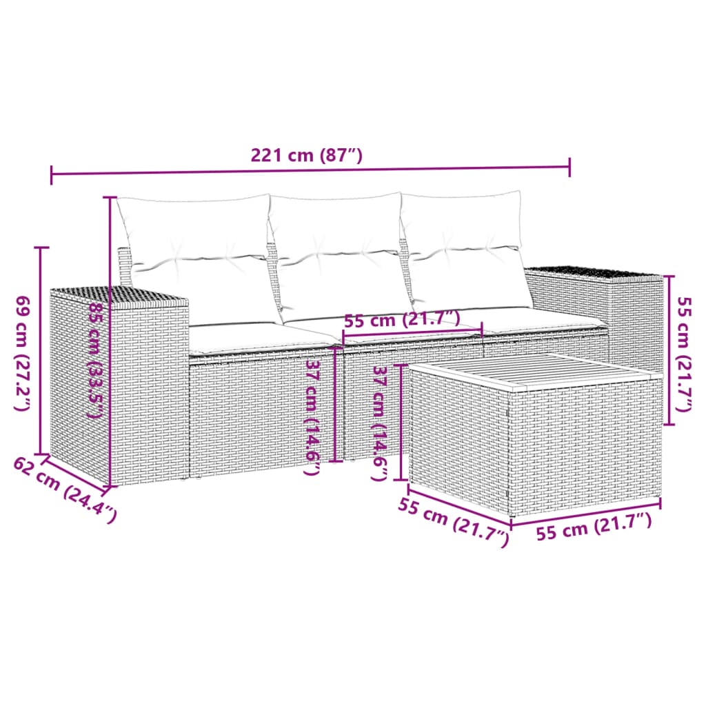 vidaXL Set de sofás de jardín 4 pzas y cojines ratán sintético gris