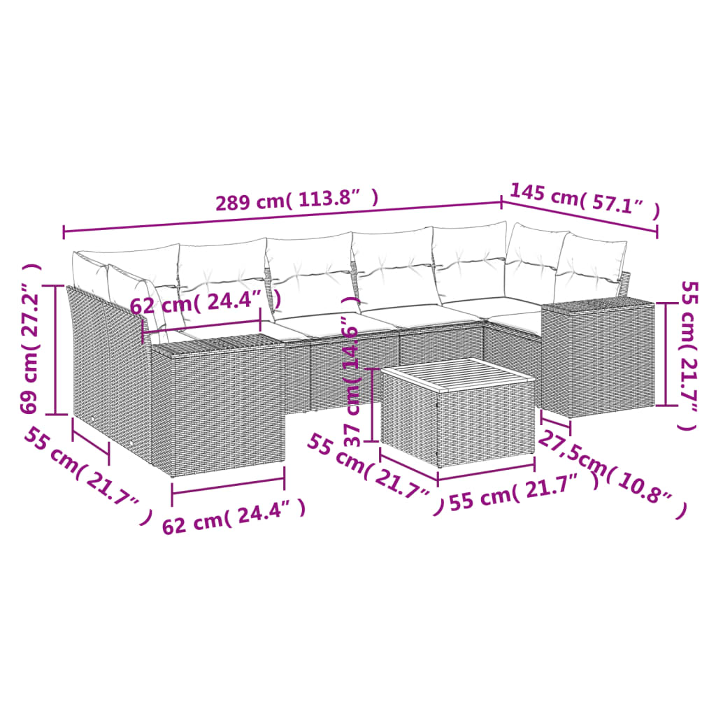 vidaXL Set de sofás de jardín 8 pzas y cojines ratán sintético gris