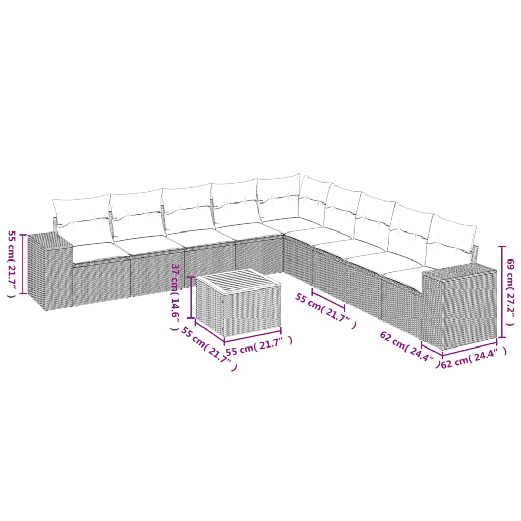 vidaXL Set de sofás de jardín 10 pzas cojines ratán sintético negro