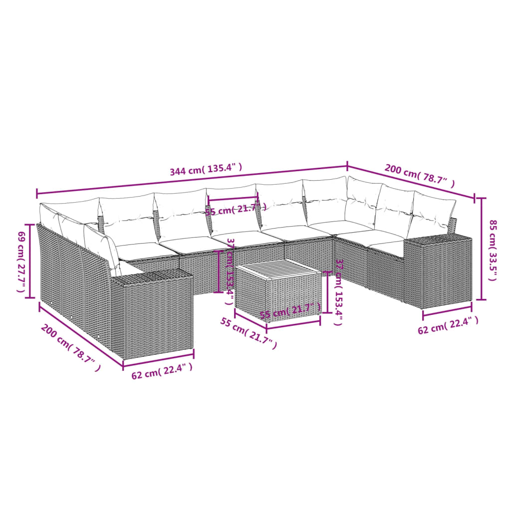 vidaXL Set de sofás de jardín 11 pzas y cojines ratán sintético negro